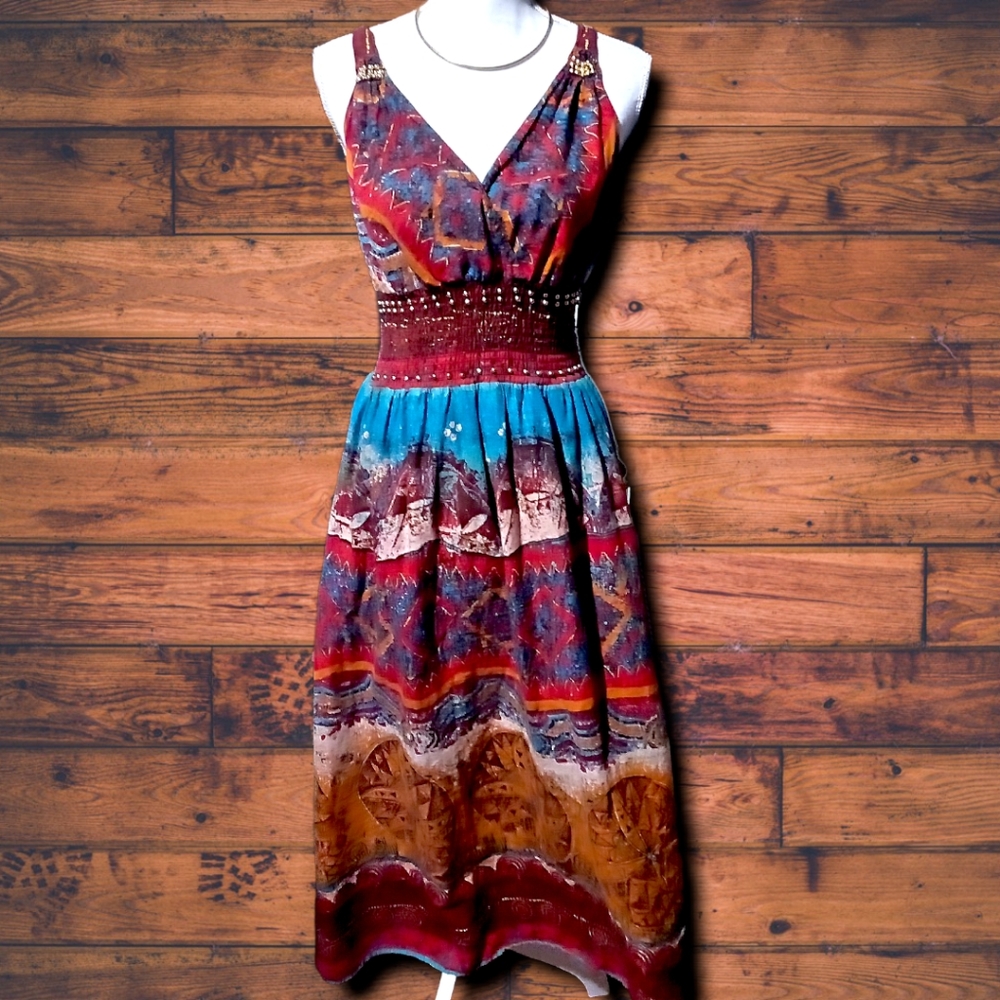Teal & Rust Maxi Dress w/Gold Accents
